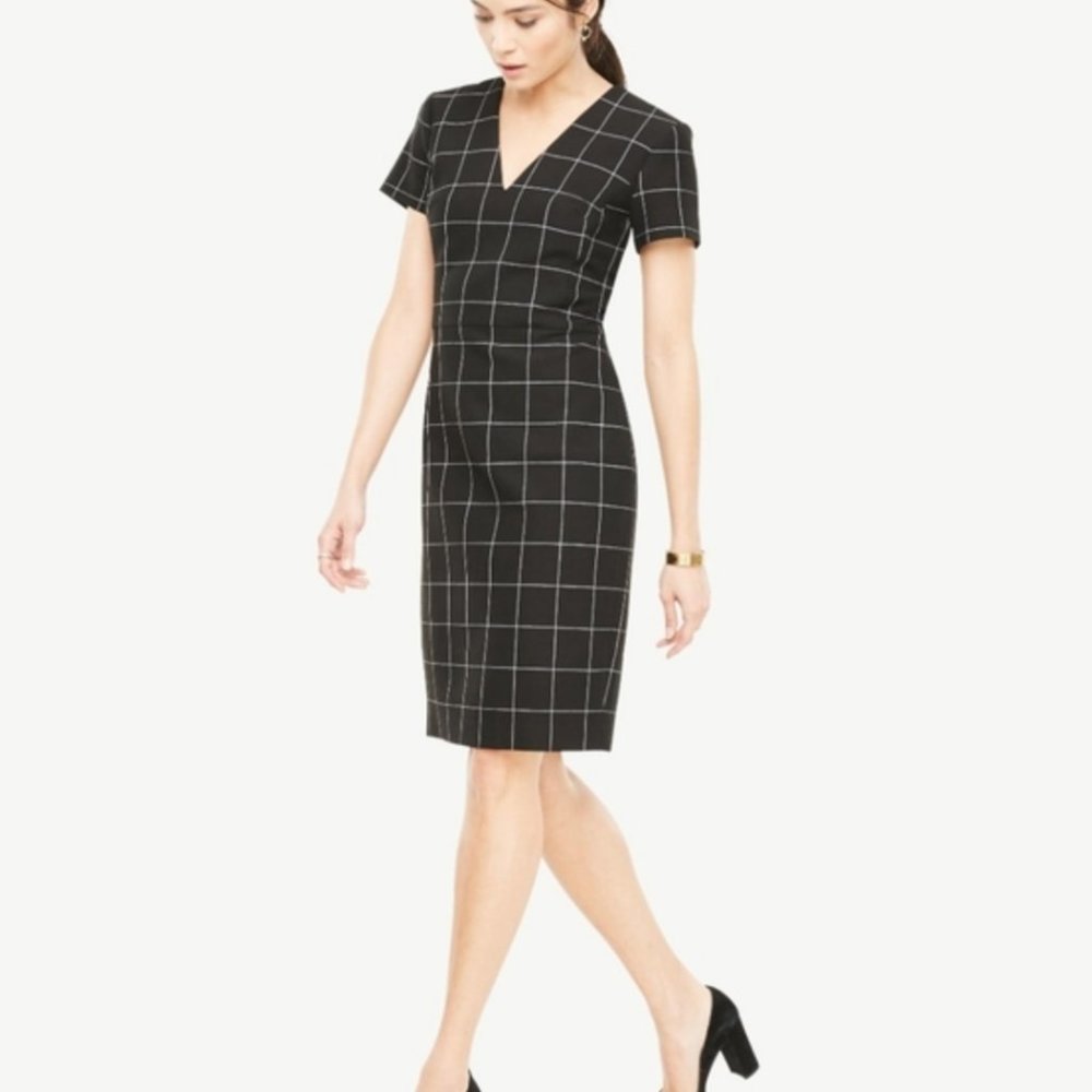 Ann Taylor Windowpane V Neck Sheath Dress